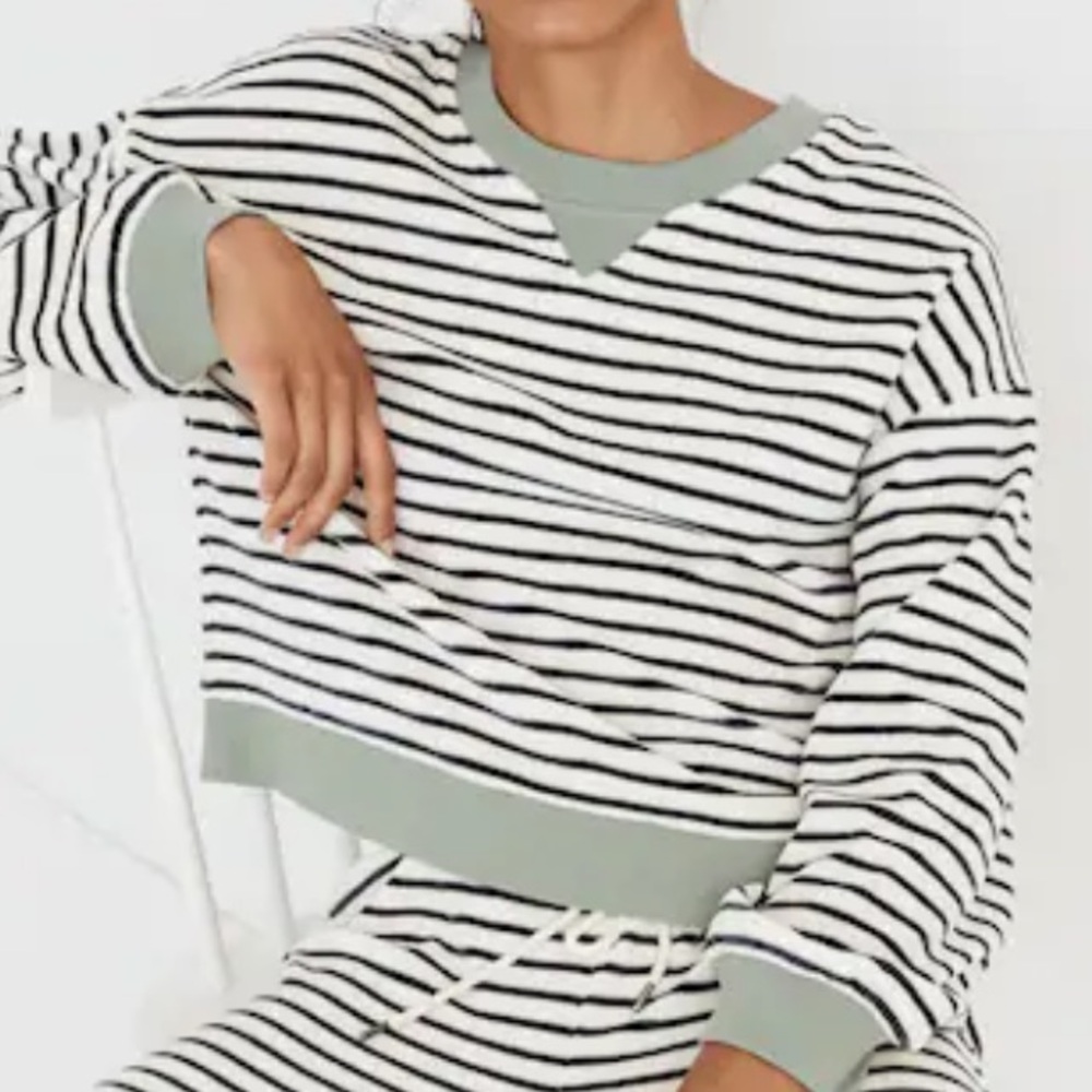 Madewell Black & White Striped Sweatshirt with Sage Trim